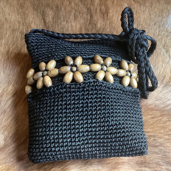 Emanuel Geraldo Black Crochet Wood Bead Boho Handbag - Picture 7 of 8
